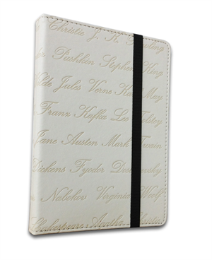 eBookReader Jules Verne luksus hvid cover ebogslæser med strop fra siden